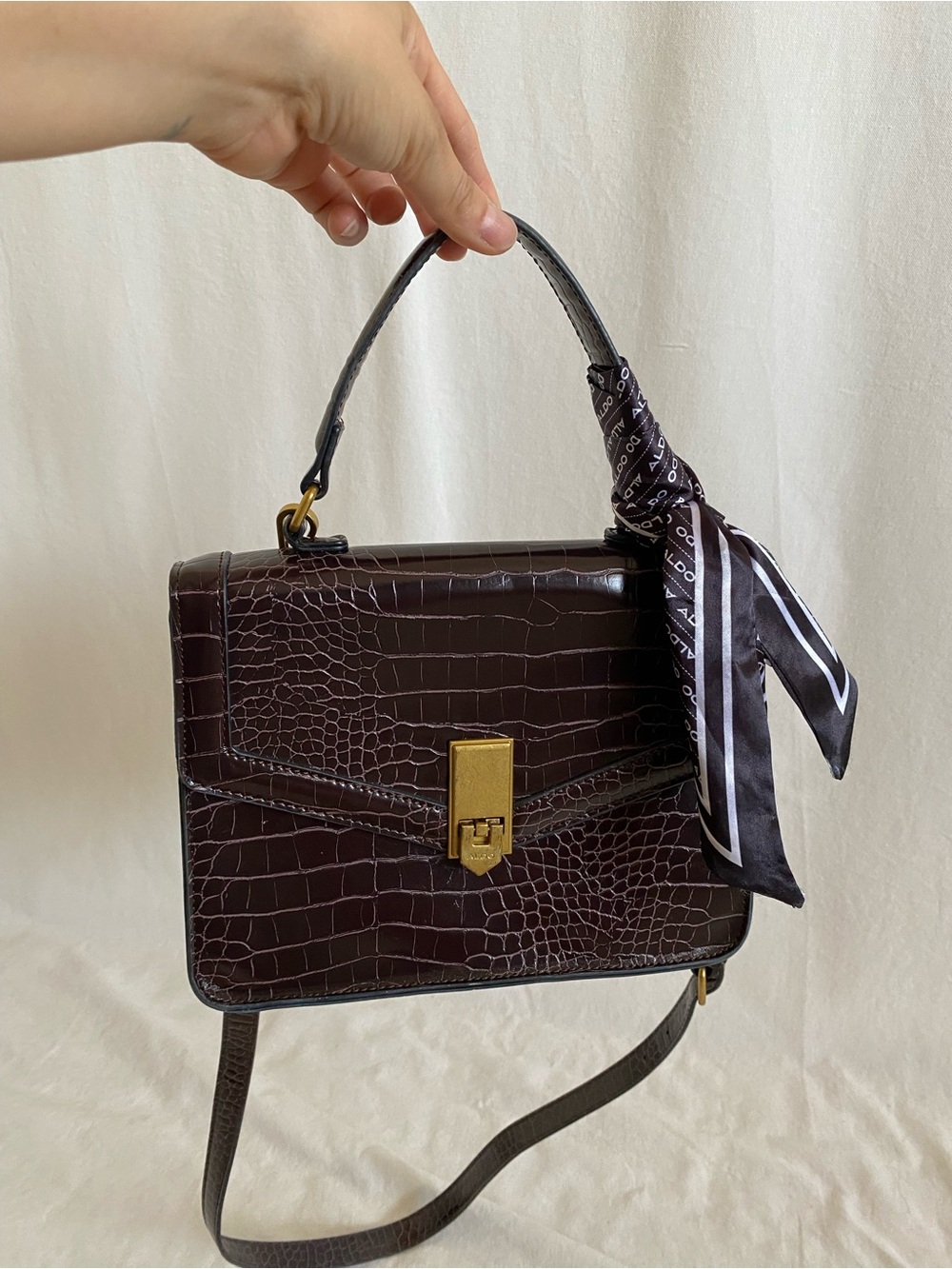 Aldo Brown croc-embossed structured top-handle satchel / crossbody bag